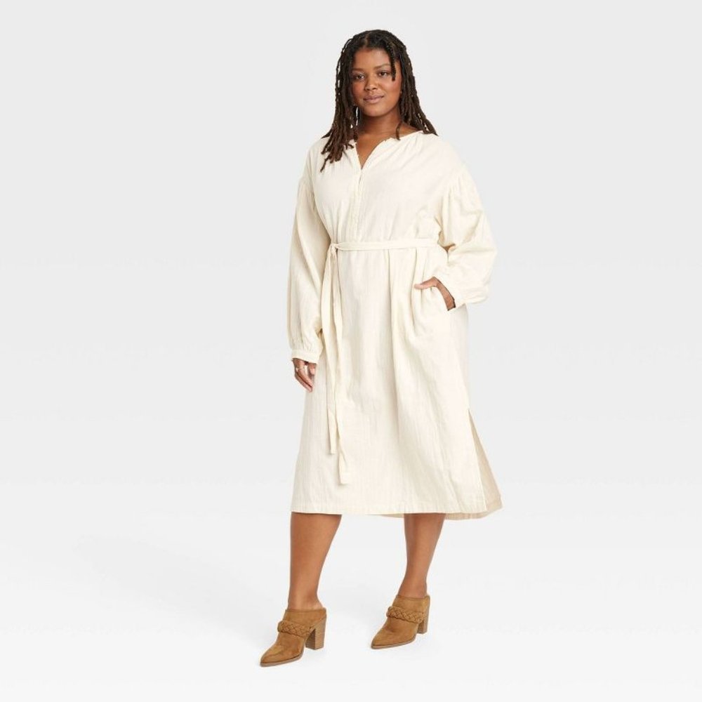 Women's Plus Size Balloon Long Sleeve Tie-Front Shirtdress